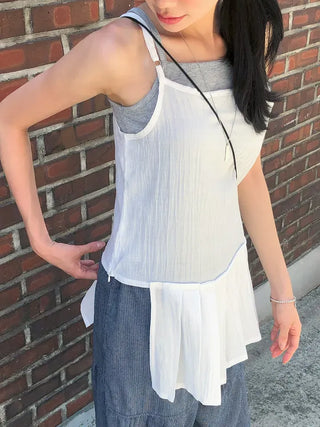 Pleated Layered Side-Slit Linen Bustier Sleeveless Dress