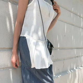 Pleated Layered Side-Slit Linen Bustier Sleeveless Dress