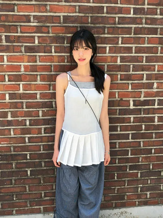 Pleated Layered Side-Slit Linen Bustier Sleeveless Dress