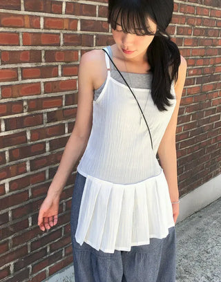 Pleated Layered Side-Slit Linen Bustier Sleeveless Dress