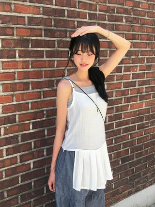Pleated Layered Side-Slit Linen Bustier Sleeveless Dress
