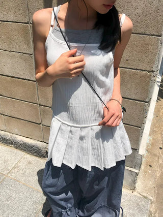 Pleated Layered Side-Slit Linen Bustier Sleeveless Dress