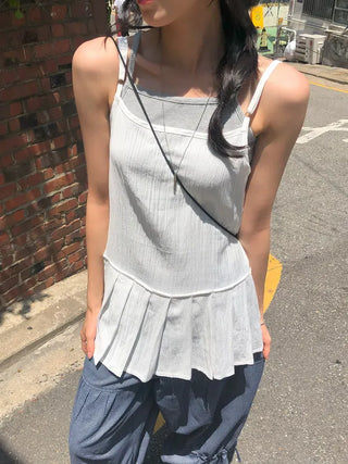 Pleated Layered Side-Slit Linen Bustier Sleeveless Dress