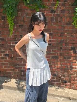 Pleated Layered Side-Slit Linen Bustier Sleeveless Dress