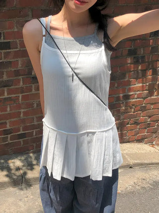 Pleated Layered Side-Slit Linen Bustier Sleeveless Dress
