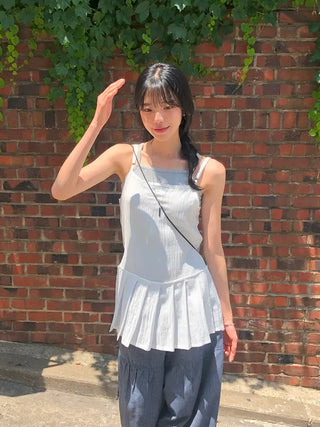 Pleated Layered Side-Slit Linen Bustier Sleeveless Dress