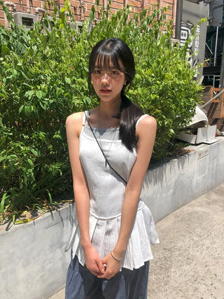 Pleated Layered Side-Slit Linen Bustier Sleeveless Dress