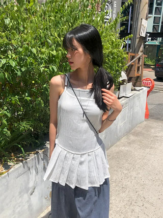 Pleated Layered Side-Slit Linen Bustier Sleeveless Dress