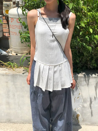 Pleated Layered Side-Slit Linen Bustier Sleeveless Dress