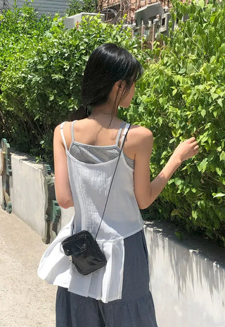 Pleated Layered Side-Slit Linen Bustier Sleeveless Dress