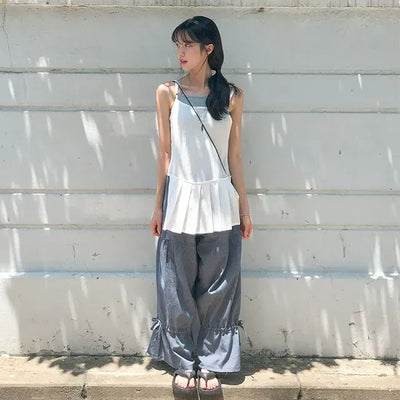 Striped Shirred Pleated Wide Fanding Pants