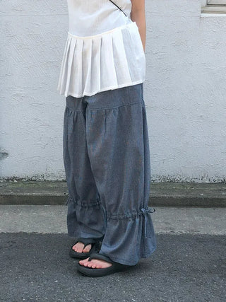 Striped Shirred Pleated Wide Fanding Pants