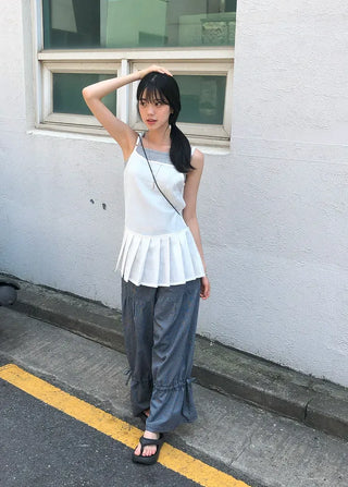 Striped Shirred Pleated Wide Fanding Pants