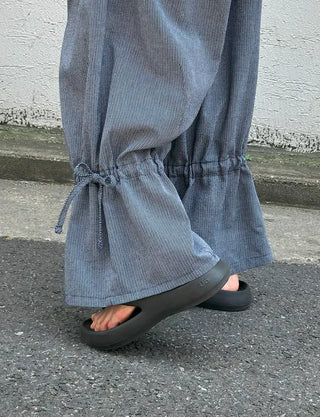 Striped Shirred Pleated Wide Fanding Pants