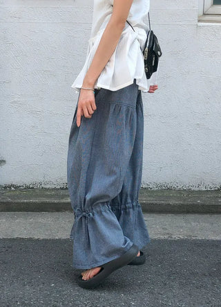 Striped Shirred Pleated Wide Fanding Pants