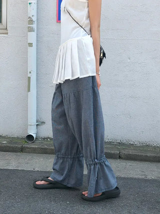 Striped Shirred Pleated Wide Fanding Pants