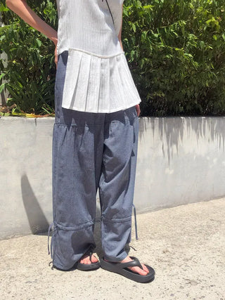 Striped Shirred Pleated Wide Fanding Pants