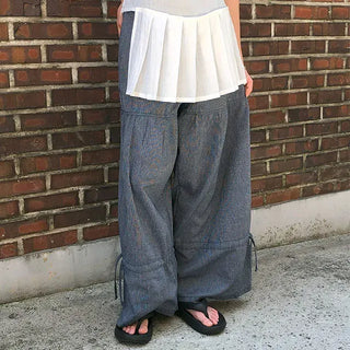 Striped Shirred Pleated Wide Fanding Pants