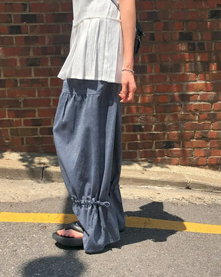 Striped Shirred Pleated Wide Fanding Pants