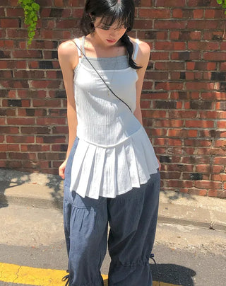 Striped Shirred Pleated Wide Fanding Pants