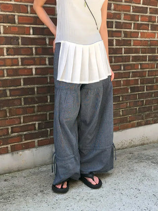 Striped Shirred Pleated Wide Fanding Pants