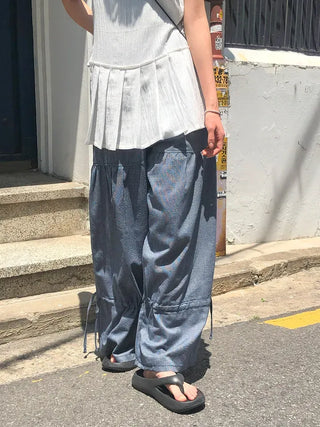 Striped Shirred Pleated Wide Fanding Pants