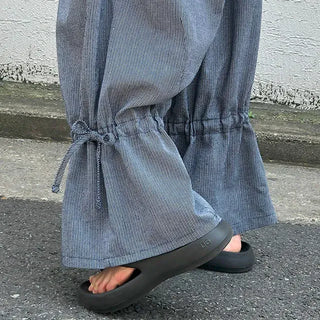 Striped Shirred Pleated Wide Fanding Pants