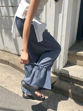 Striped Shirred Pleated Wide Fanding Pants