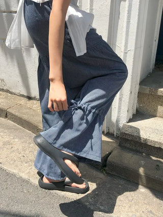 Striped Shirred Pleated Wide Fanding Pants