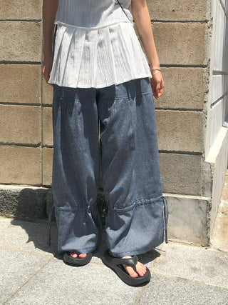 Striped Shirred Pleated Wide Fanding Pants