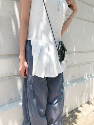 Striped Shirred Pleated Wide Fanding Pants