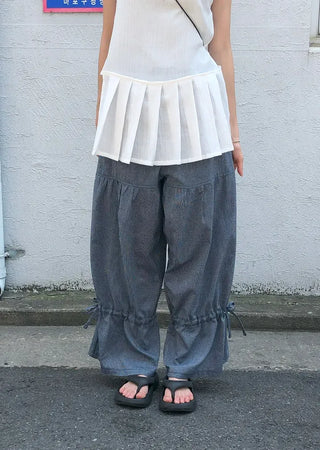 Striped Shirred Pleated Wide Fanding Pants