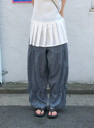 Striped Shirred Pleated Wide Fanding Pants