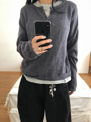 Med Henley Neck Button Knit