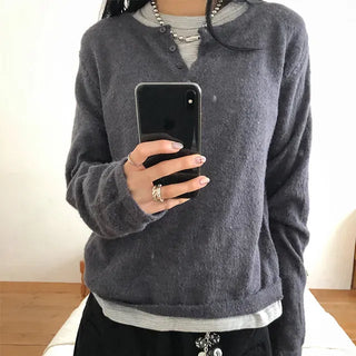 Med Henley Neck Button Knit