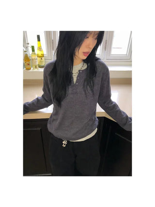 Med Henley Neck Button Knit