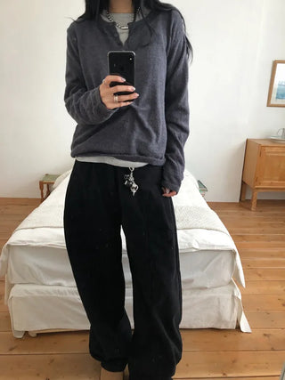 Med Henley Neck Button Knit
