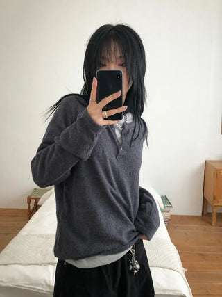 Med Henley Neck Button Knit