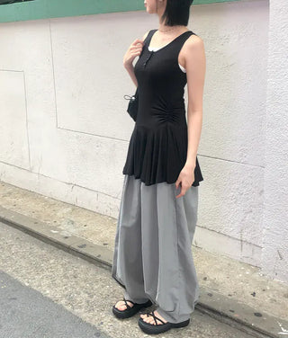 Nylon Pintuck Wide Elastic Waist Balloon Pants