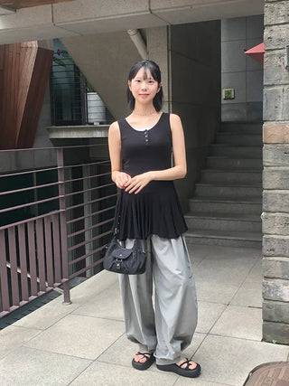 Nylon Pintuck Wide Elastic Waist Balloon Pants