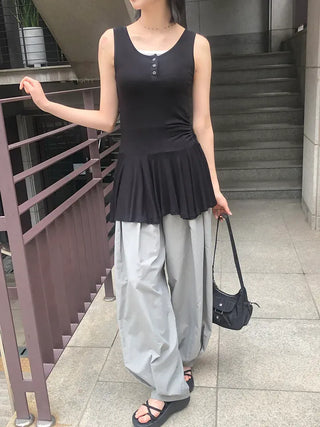 Nylon Pintuck Wide Elastic Waist Balloon Pants