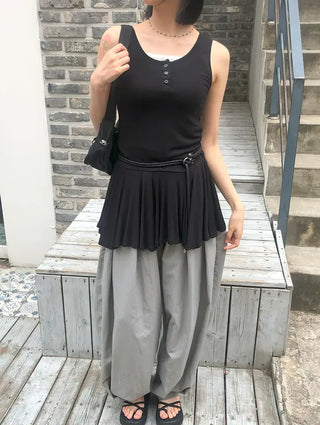 Nylon Pintuck Wide Elastic Waist Balloon Pants
