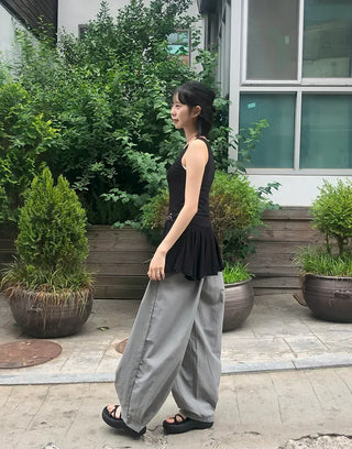 Nylon Pintuck Wide Elastic Waist Balloon Pants