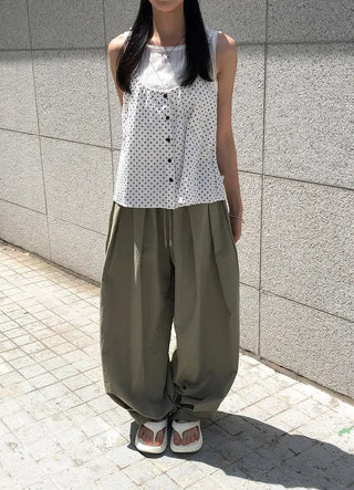 Nylon Pintuck Wide Elastic Waist Balloon Pants