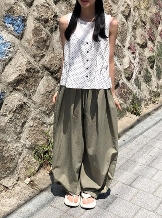 Nylon Pintuck Wide Elastic Waist Balloon Pants