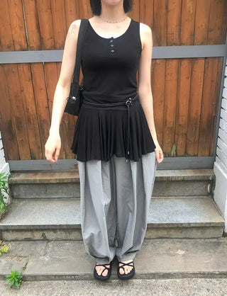 Nylon Pintuck Wide Elastic Waist Balloon Pants