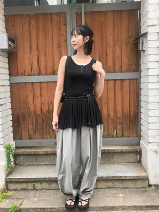 Nylon Pintuck Wide Elastic Waist Balloon Pants