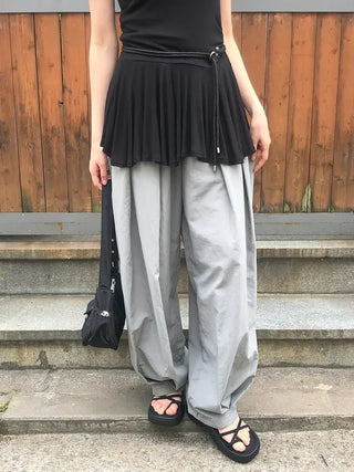 Nylon Pintuck Wide Elastic Waist Balloon Pants