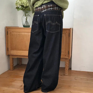 Check wool non-faded wide jeans