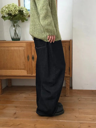 Check wool non-faded wide jeans